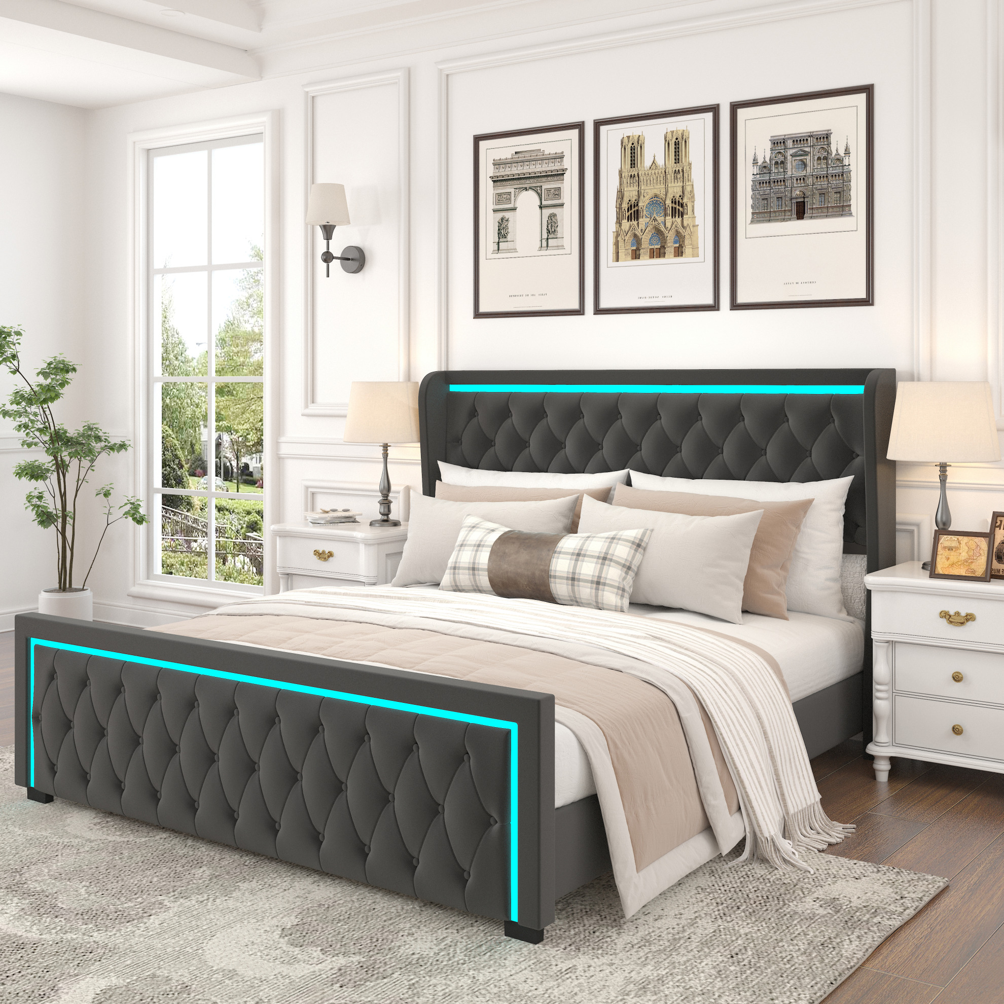 Queen Platform Bed with High headboard,Velvet Upholstered Bed Frame with Deep Tufted Buttons and