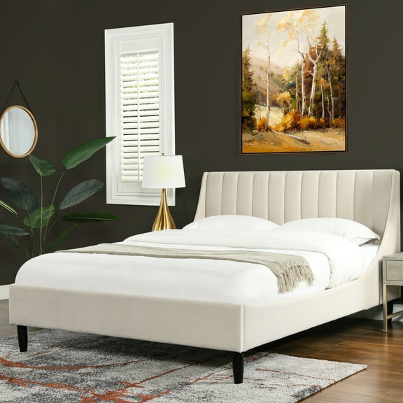 Queen Platform Bed In French Beige Velvet With Solid Wood And Foam Construction Vertical Modern