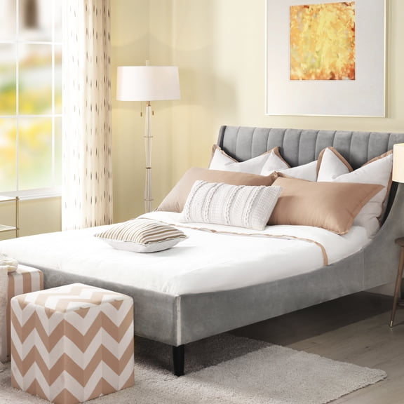 Queen Platform Bed In Grey Velvet With High Foam And Support Modern Stable Birch Hardwood Base