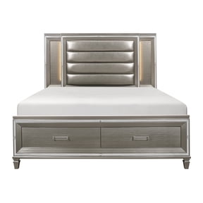 Queen Platform Bed with LED Headboard and Storage Footboard, Solid Wood Upholstered Frame with Mirrored Trim, Silver-Gray Metallic Finish, 63" x 85.5", Modern Bedroom Furniture