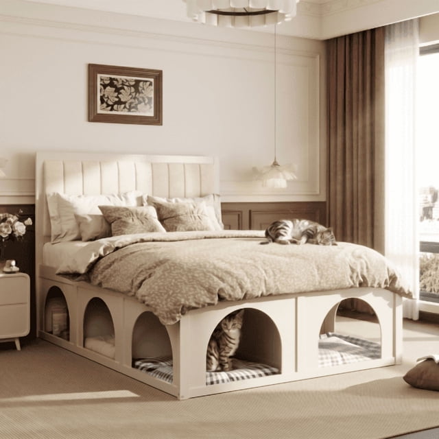 Queen Platform Bed with Pet Nook, Upholstered Bed Frame with Arched Pet ...