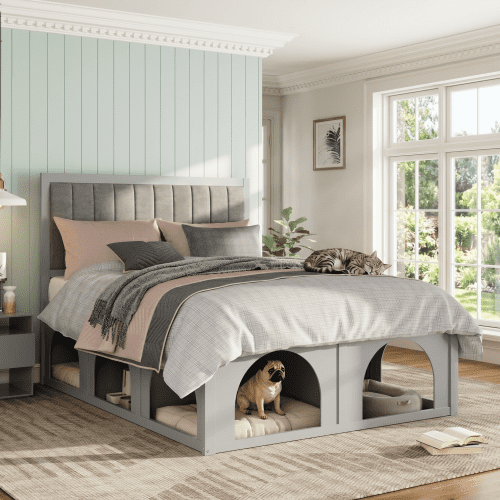 Queen Platform Bed with Pet Nook, Upholstered Bed Frame with Arched Pet Space & Storage, Heavy Duty Metal Frame with Wood Slats, No Box Spring Needed, Gray, Modern Style for Bedroom