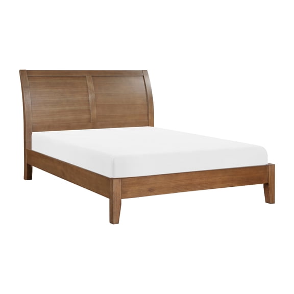 Queen Platform Bed, Transitional Wood Frame with Sleigh Headboard and Slats, Light Brown Wire-Brushed Finish, No Box Spring Required, 62.5" x 90" x 46.5"H, Bedroom Furniture