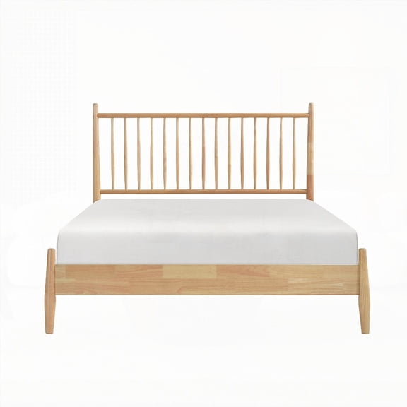 Queen Platform Bed in Mid-Century Modern Design - 1pc with Natural Finish, Vertical Slats Headboard & Boxless