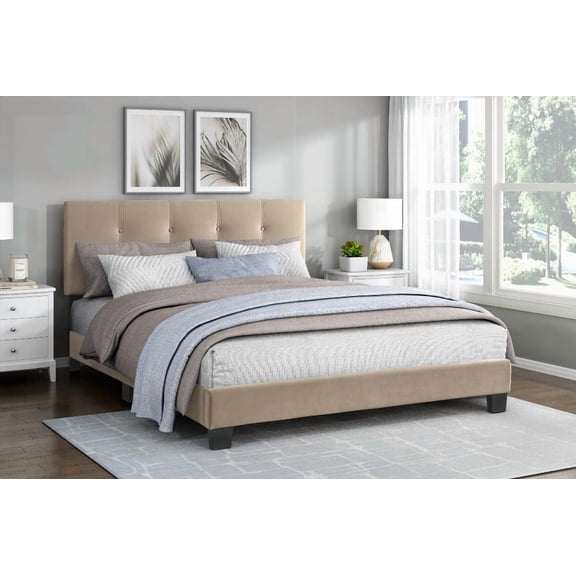 Queen Platform Bed with Light Brown Velvet Upholstery and Solid Wood Adjustable Height Headboard