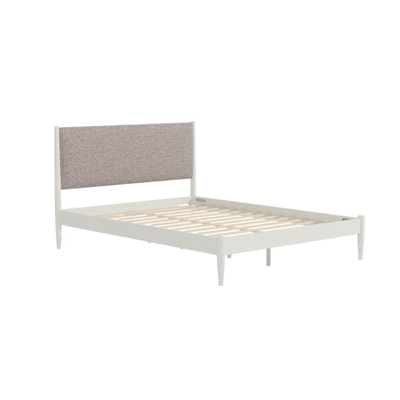 Queen Platform Bed with Upholstered Headboard, Cream White Rubberwood Bed Frame No Box Spring Needed, Space Saving Low Profile Design