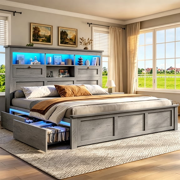 Queen Platform Beds with Flip-down Storage Headboard Farmhouse Bookcase Wood Beds with Charging Station and Side Light Strip & 4 Drawers, Rustic Gray