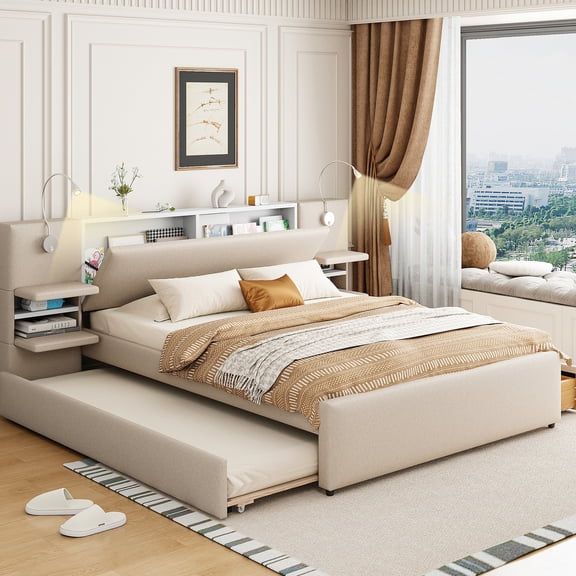 Queen Platform - Headboard Storage and Lights - Reading Nook - Ideal for Book Lovers