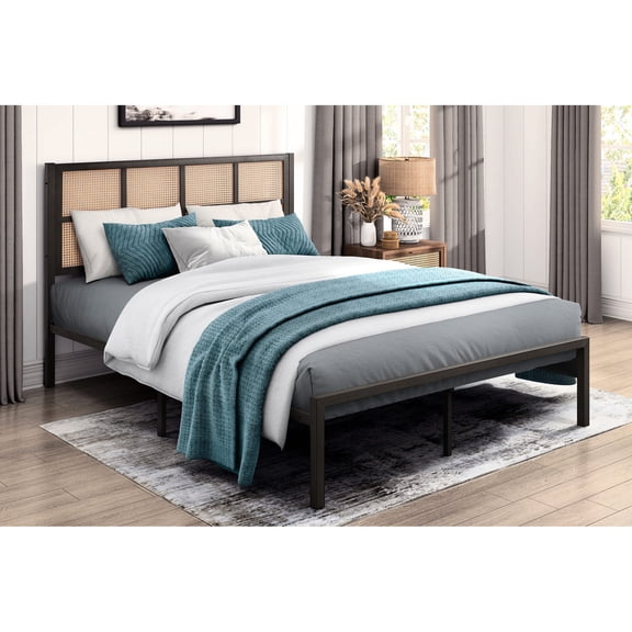 Queen Platform Metal Bed | Enhance Bedroom with Coastal Charm | Appreciate the No Box Spring Design Feature