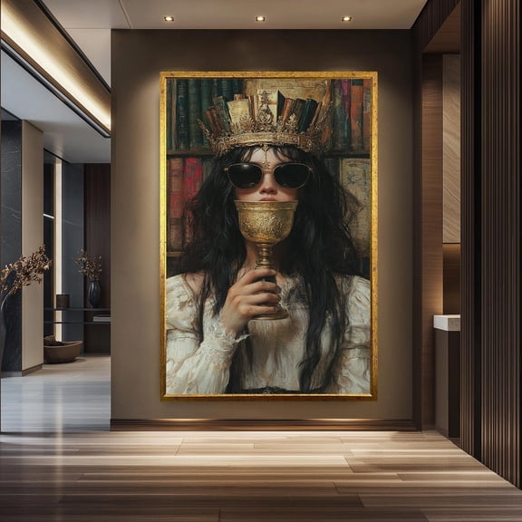 Queen Portrait Wall Art – Regal Woman With Crown & Sunglasses Canvas – Gothic Royal Aesthetic Print – Dark Academia Book Wall Decor, Unframed Poster Size 24x36