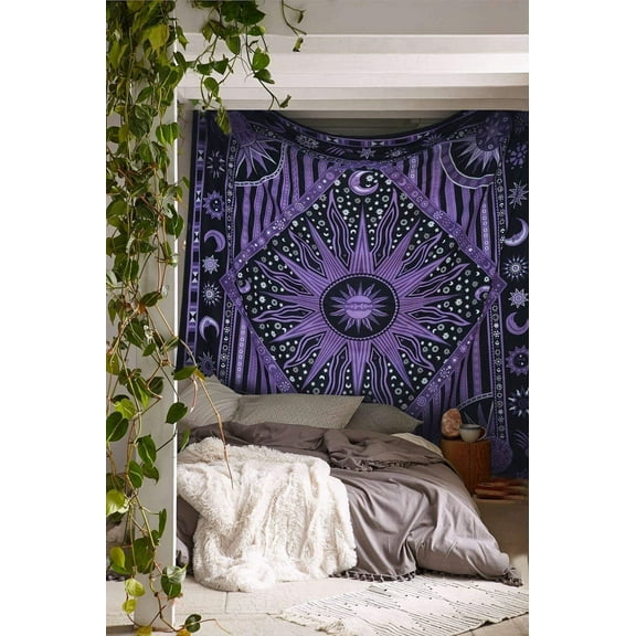 Queen Psychedelic Celestial Burning Sun Moon Planet Bohemian Tapestry Wall Hanging Dorm Decor Boho Tapestries Hippie Hippy Puprle Tapestry Beach Coverlet