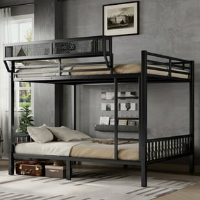 Mirightone Queen Over Queen Bunk Bed with Storage Shelf, Metal Bunk Bed Queen Size with Ladder for Adults Teens, Black