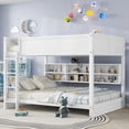 thumbnail image 1 of Queen Over Queen Bunk Bed with Built-In Charging Station & Storage Cabinets, Solid Pine Wood Frame, Full-Length Guardrails, Ladder for Safe Access, White, 1 of 9
