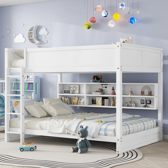 Queen Over Queen Bunk Bed with Built-In Charging Station & Storage Cabinets, Solid Pine Wood Frame, Full-Length Guardrails, Ladder for Safe Access, White