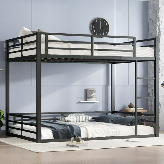 Queen over Queen Bunk Bed Frame with Safety Guard Rails and Ladder, Metal Bunk Beds Frame for Teens and Adults,Space-Saving, No Box Spring Needed, Noise Reduced, Mattress Not Included, Black