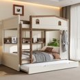 thumbnail image 1 of Queen over Queen Bunk Bed Frame with Trundle and Storage Shelves, Solid Wood Bunk Beds with hooks and Safety Guard Rails for Bedroom, Apartment, Guest Room, Mattress Not Included, Beige&Natural, 1 of 9