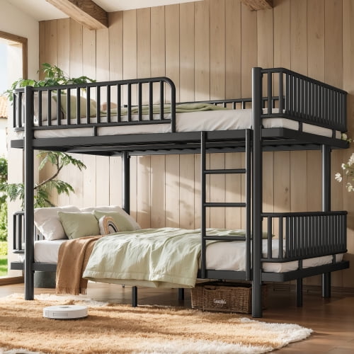 Queen over Queen Bunk Bed with Ladders and Guardrails, Metal Bunk Bed Frame, Upgraded Round-Pipe Design, Converts into 2 Platform Beds for Bedroom, Black