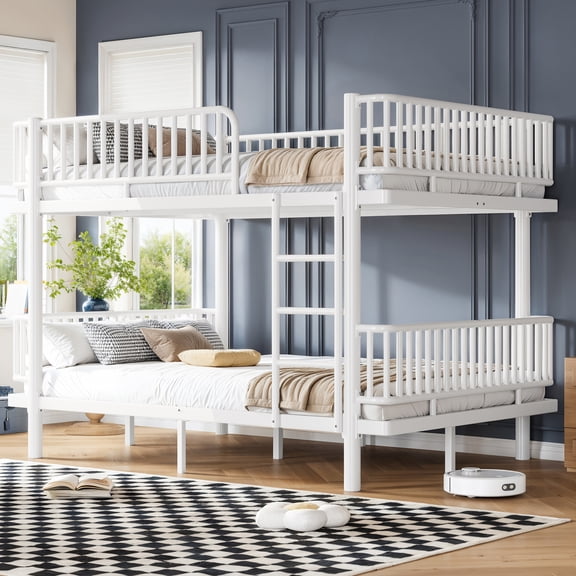 Queen over Queen Bunk Bed with Ladders & Guardrails, Metal Bunk Bed Frame with Upgraded Safety Round-Pipe Design, Can Transformed into 2 Platform Bed, White