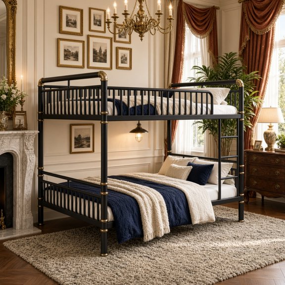 Queen over Queen Bunk Bed with Ladders & Guardrails, Round-Pipe Metal Frame, Industrial Modern Bunk Bed for Adults & Guest Rooms, Black with Gold Accents