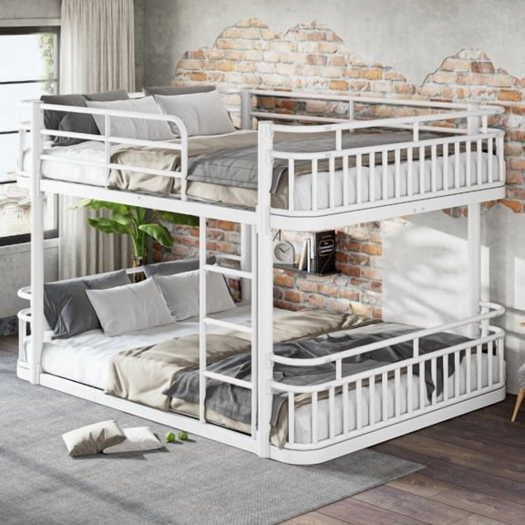 Queen over Queen Bunk Bed with Ladders and Guardrails, Sturdy Round-Pipe Metal Frame for Shared Bedrooms and Guest Rooms, Space-Saving Design, Easy Assembly, White