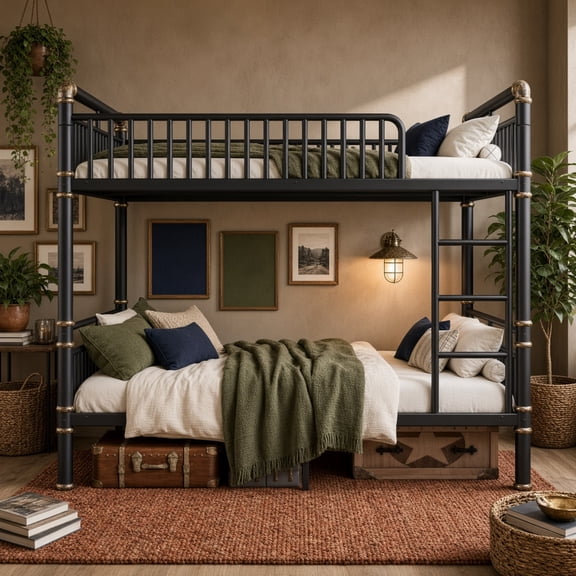 Queen over Queen Bunk Bed with Ladders & Guardrails, Upgraded Round-Pipe Metal Frame, Industrial Modern Design for Teens & Adults, Space-Saving Bunk Bed with Under-Bed Storage, Black