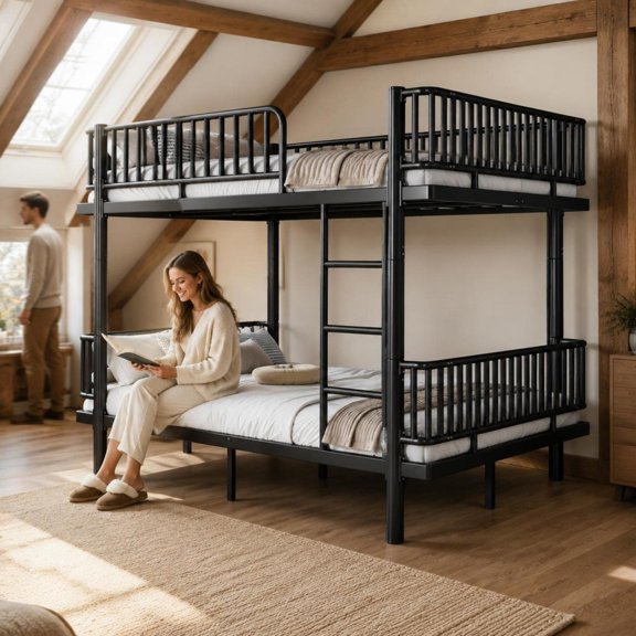 Queen over Queen Bunk Bed, Metal Bunk Bed Frame with Ladders & Guardrails, Upgraded Safety Round-Pipe Design, Can Transform into 2 Platform Beds, Black