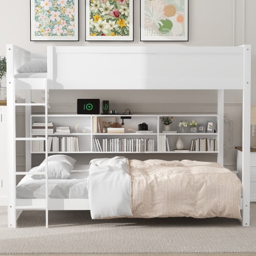 Queen over Queen Bunk Bed with Storage Cabinets and USB Ports, Solid Pine Wood Frame with Guardrails, 6 Storage Cabinets, 2 Outlets + 2 USB Ports, No Box Spring Needed, White