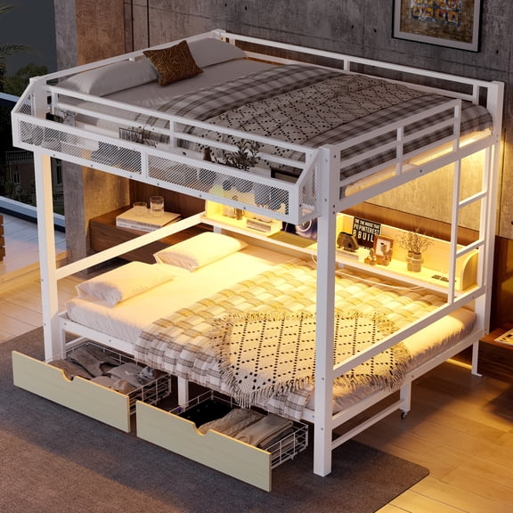 Queen over Queen Bunk Bed with Storage Shelves and Drawers, Metal Multifunctional Bunk Beds with USB Ports and LED Lights, Convertible Lower bed Full for Guest Room, Bedroom, Dorms,White