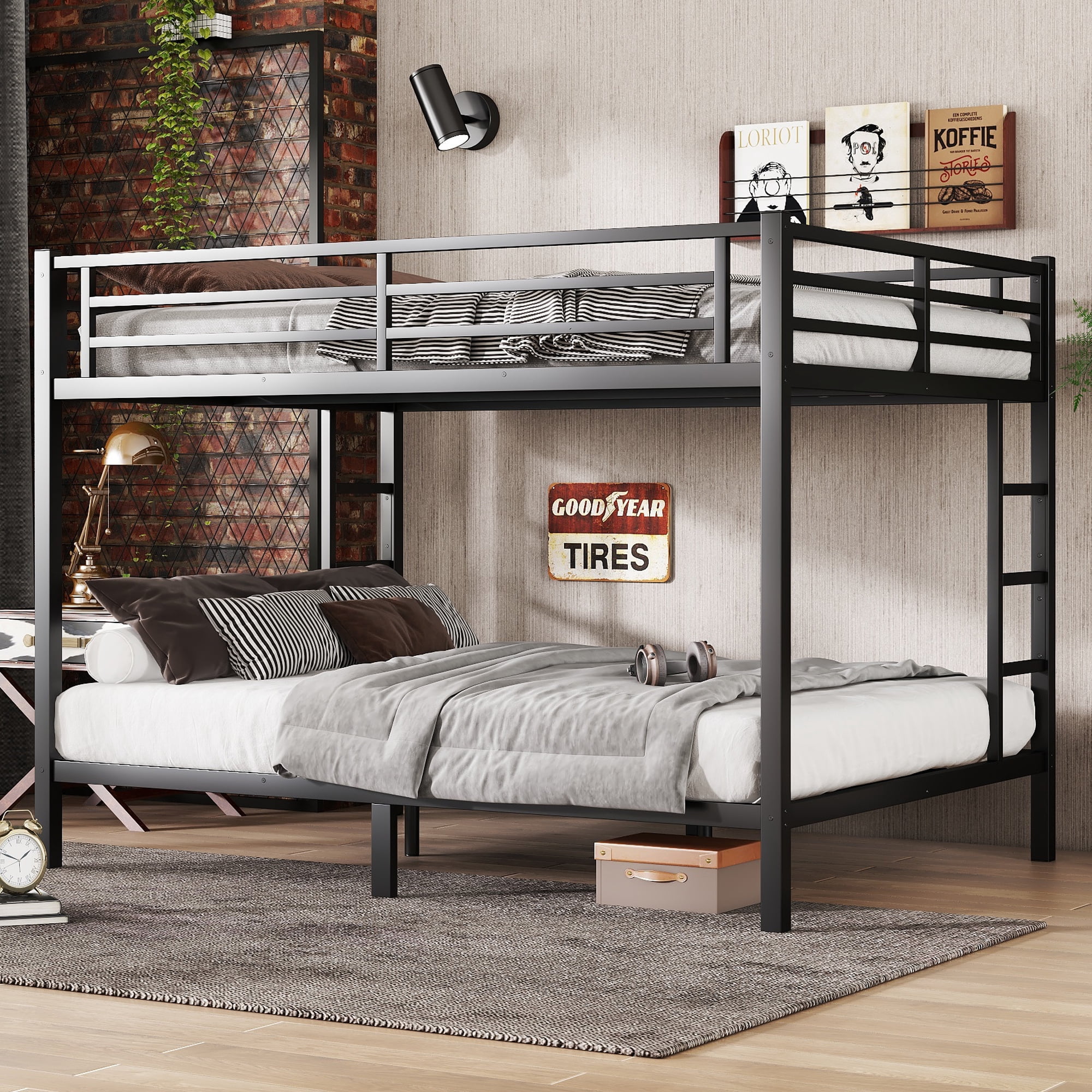 Queen over Queen Bunk Bed for Teens and Adults, Metal Bunk Bed with Ladders & Safety Guardrails, Space-Saving/Noise Reduced/No Box Spring Needed, Black