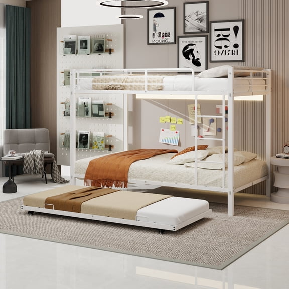 Queen over Queen Bunk Bed with Trundle, Heavy-Duty Metal Bunk Bedframe with Ladder and Full-Length Guardrails for Kids Teens Adults, No Box Spring Needed