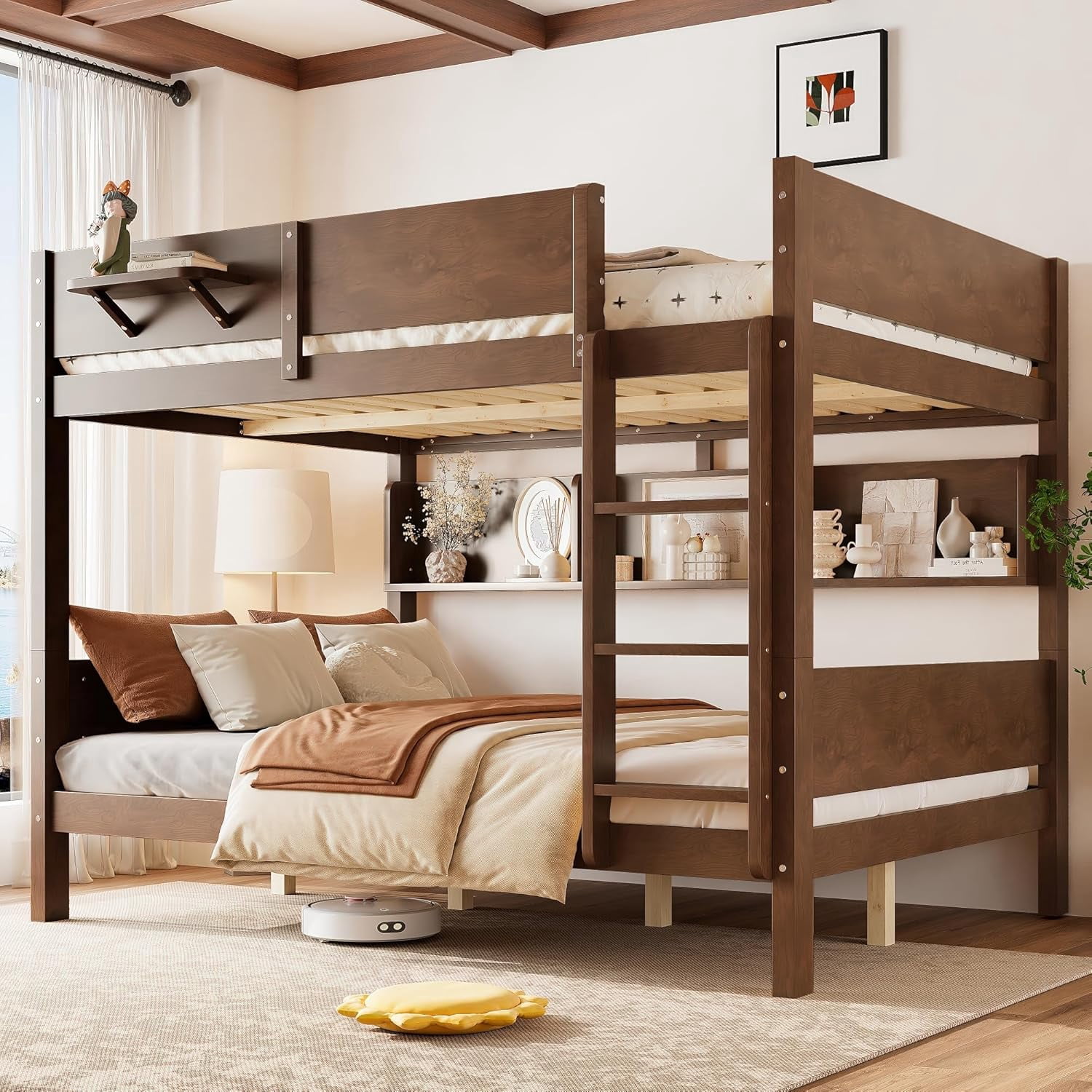 Queen Over Queen Bunk Bed, Wooden Bunk Beds with Storage, Solid Wood Bed Frame with Guardrail and Ladder, No Box Spring Needed, for Juniors Teens Kids Boys Girls Bedrooms Dorms, Brown