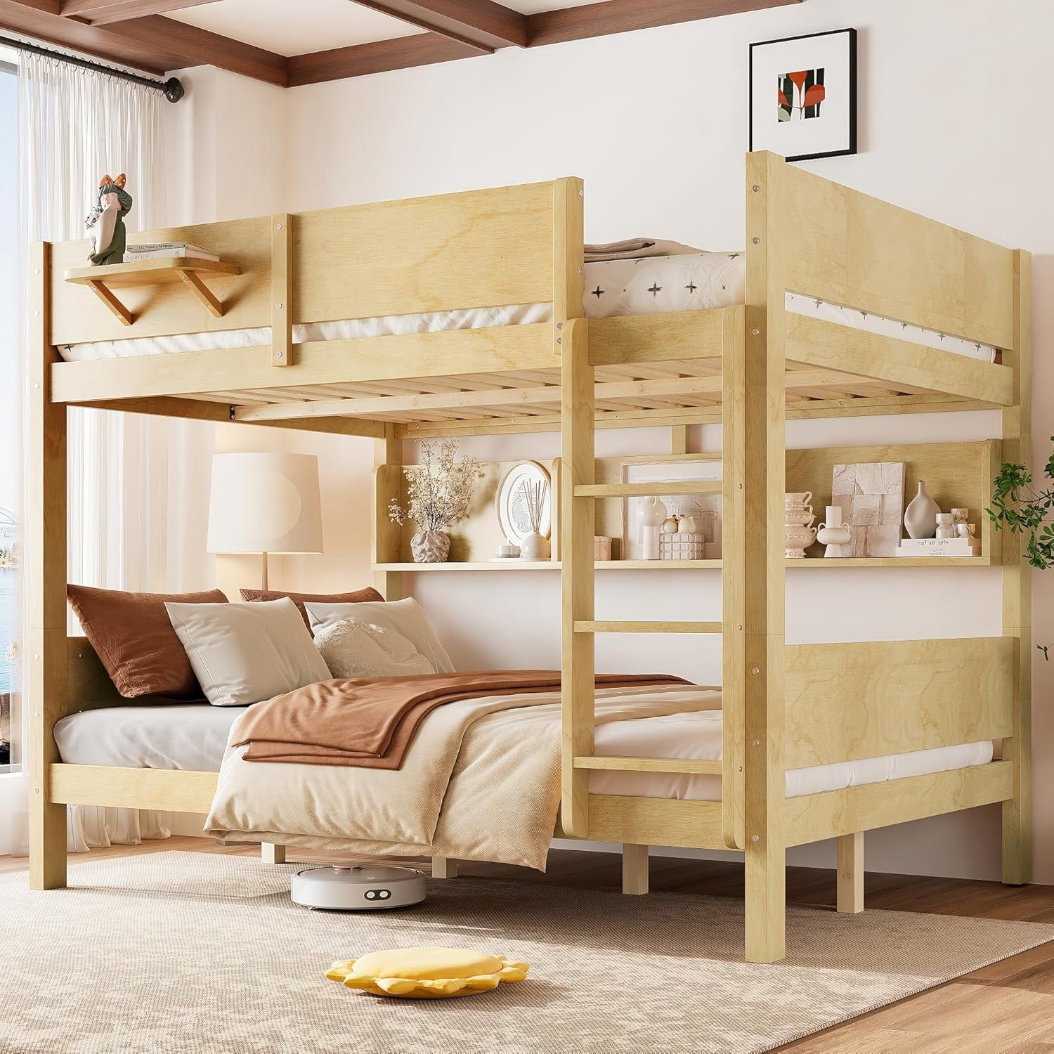 Queen Over Queen Bunk Bed, Wooden Bunk Beds with Storage, Solid Wood Bed Frame with Guardrail and Ladder, No Box Spring Needed, for Juniors Teens Kids Boys Girls Bedrooms Dorms, Nature Wood
