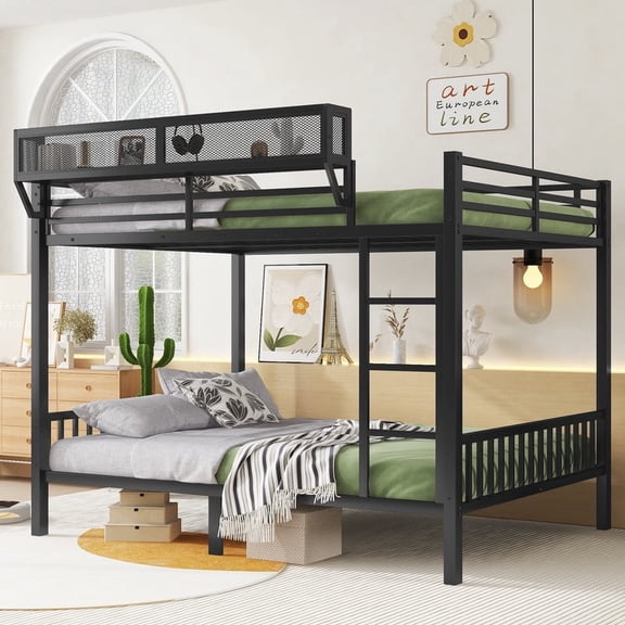 Mirightone Queen Over Queen Bunk Bed for Adults, Heavy-Duty Metal Bunk Bed Frame with Ladder, Upper storage, High Guardrail and Slats Support, No Box Spring Needed, Black