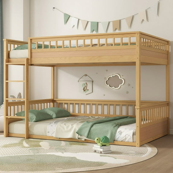 Queen over Queen Floor Bunk Bed, 2-in-1 Wooden Bunk Bed Frame with Ladder & Guardrail, Convertible to 2 Separated Beds for Teens Bedroom, Easy Assembly, Natural