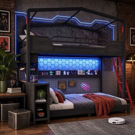 Queen Over Queen Gaming Bunk Bed with Desk, LED Lights & USB Ports, House-Shaped Metal Bunk Bed Frame with Storage Shelves, Guardrail and Ladder, Space-Saving Black Bunk Bed for Teens Bedroom