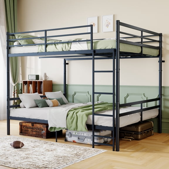 Queen Over Queen Heavy Duty Metal Bunk Bed with Ladder and Full-Length Guardrails, Convertible 2-in-1 Split into Two Platform Beds, Space-Saving for Adults, Dorm, Guest Room, Black
