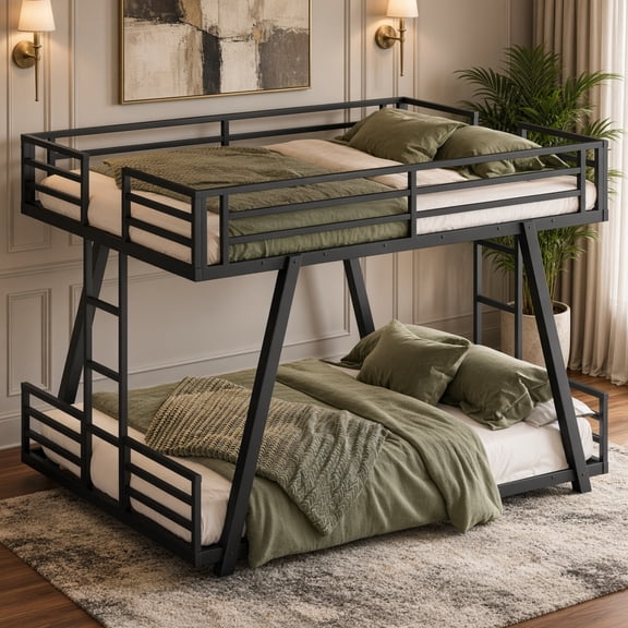 Queen over Queen Metal Bunk Bed with 2 Side Ladders & LED Light, Heavy Duty Low Profile Bunk Bed for Adults Teens, Space-Saving Noise-Free Design, Easy Assembly, Black