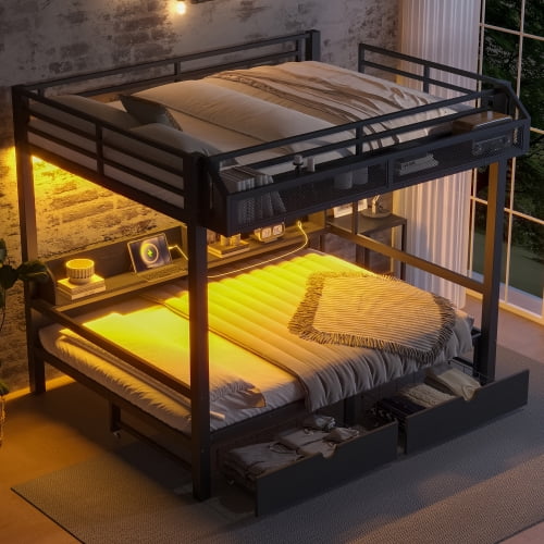 Queen Over Queen Metal Bunk Bed with Storage Shelves and Drawers, LED Lights and USB Ports, Convertible Lower Bed to Sofa, Space-Saving for Bedroom, Black