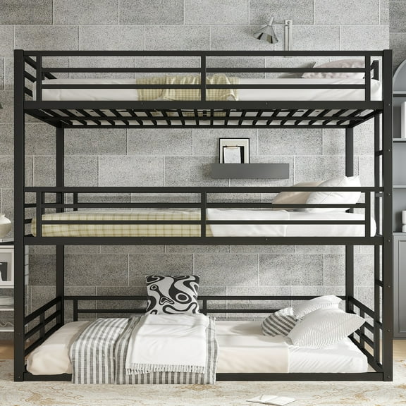 Queen over Queen over Queen Triple Bunk Bed, Heavy-Duty Metal 3-Tier Bunk Bed with Full Safety Guardrails, Space-Saving Design for Shared Rooms, Noise Reduced Construction, Black