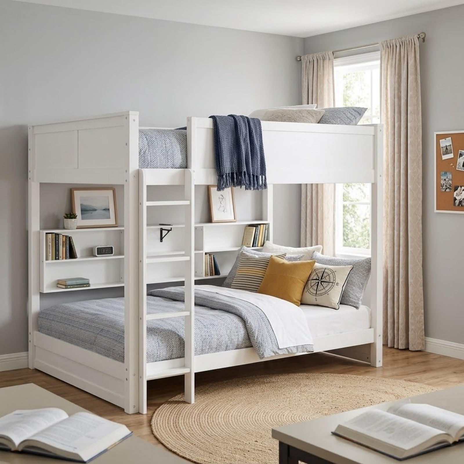 Queen over Queen Size Bunk Bed with Bookshelves, Solid Wood Queen Size Bunk Beds with USB Ports and Ladder for Kids Teens Adults, No Box Spring Needed