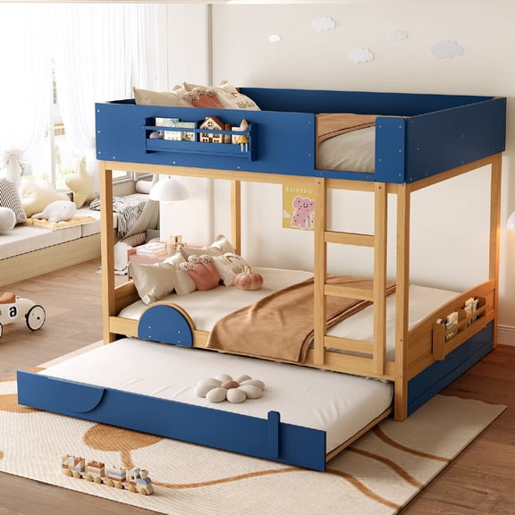 Queen Over Queen Size Bunk Bed Frame with Trundle Built-in Bookshelf, Wood Bunk Bed with Safety Guardrail and Ladder, Automobile Form Design for Bedroom, Apartment, Mattress Not Included, Blue