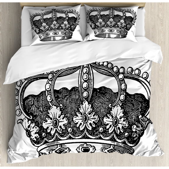 Queen Queen Size Duvet Cover Set, Antique Royal Crown Kingdom Emperor Ruler Czar Symbol Monarchy Authority Icon, Decorative 3 Piece Bedding Set with 2 Pillow Shams, Black and White, by Ambesonne