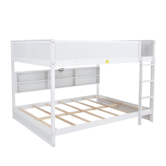 Queen Over Queen Solid Pine Wood Bunk Bed | White | Built-in Storage Cabinets, Charging Station, Ladder, Safety Guardrails | Spacious & Durable for Bedrooms