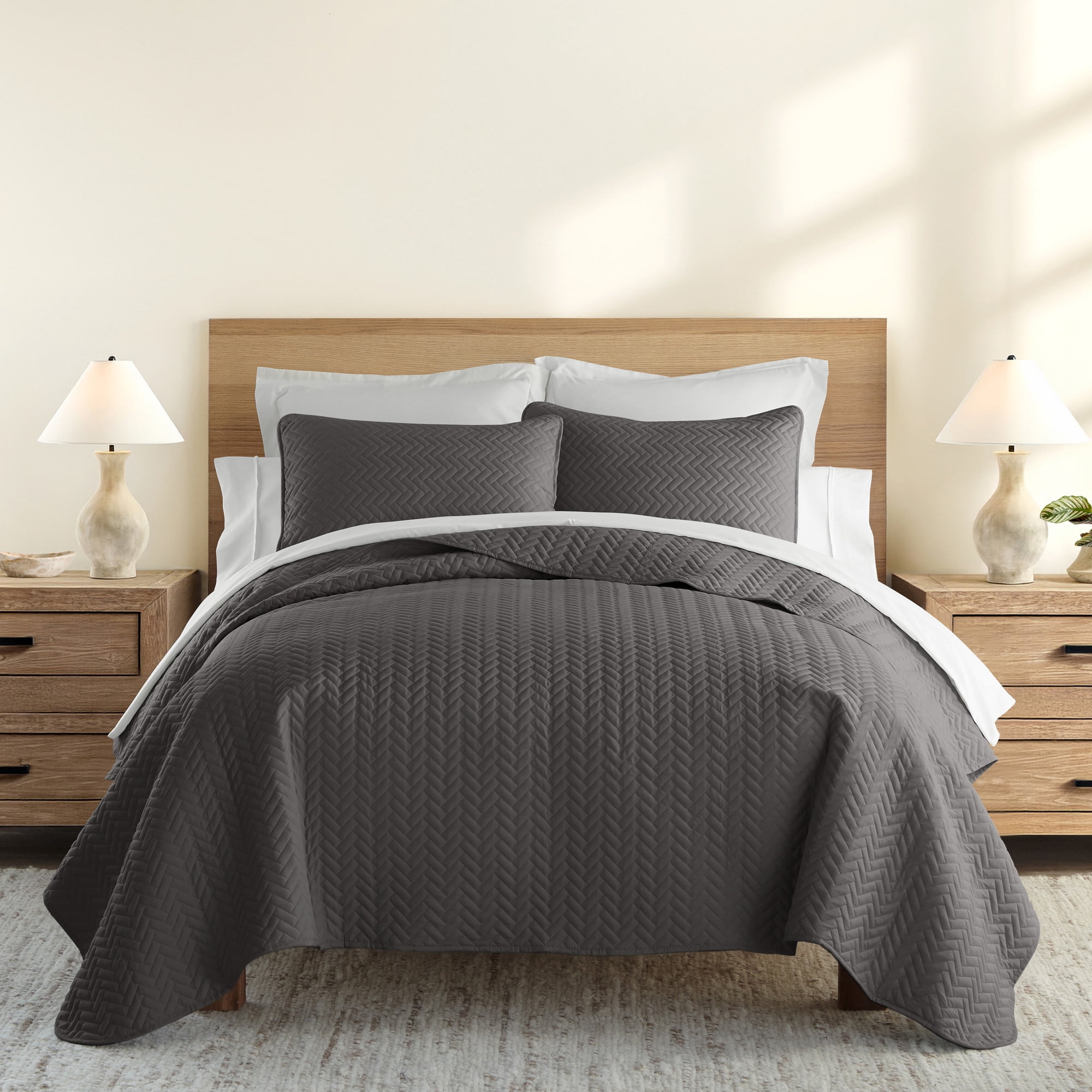 Lightweight Wrinkle Resistant Quilt Sets in Gray Herringbone for Full/Queen Size Bedding by Comfort Canopy