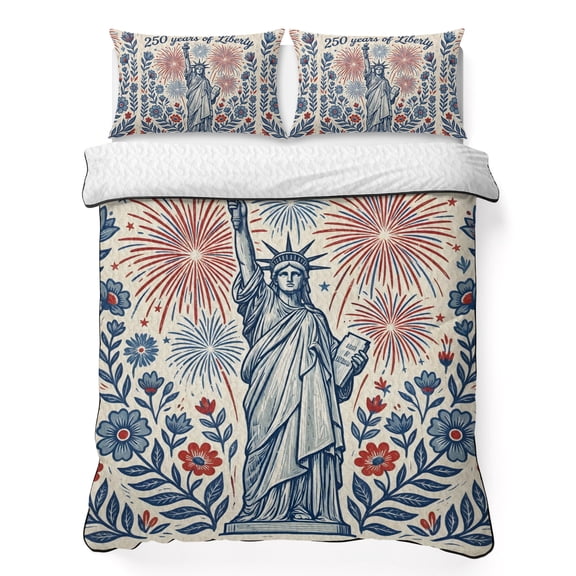 Queen Quilt Bedding Set, 250th Anniversary Statue of Liberty Soft Microfiber Summer Bedspread Coverlet with 2 Pillow Shams, Red Blue Flowers Leaf Breathable Bedding Set for Hot Sleepers