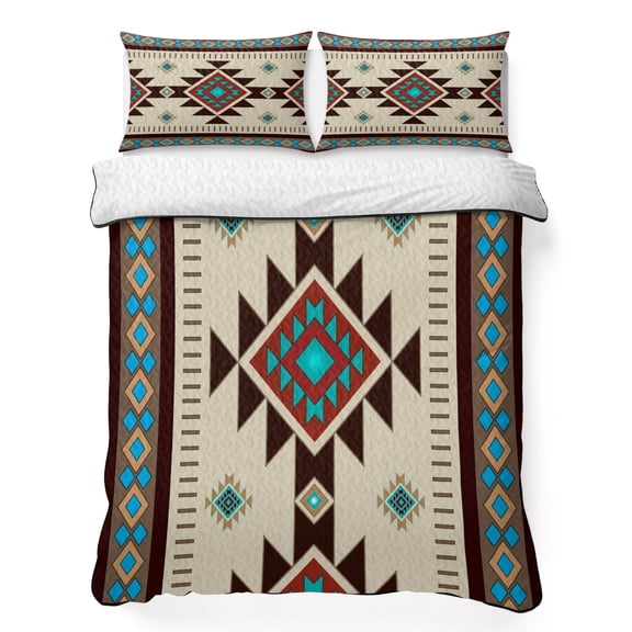 Queen Quilt Bedding Set Abstract Aztec Tribal Totem Lightweight Summer Quilted Coverlet for Hot Sleepers, Retro Brown Blue Green Geometric Breathable Soft Blanket with 2 Pillow Shams for All Season