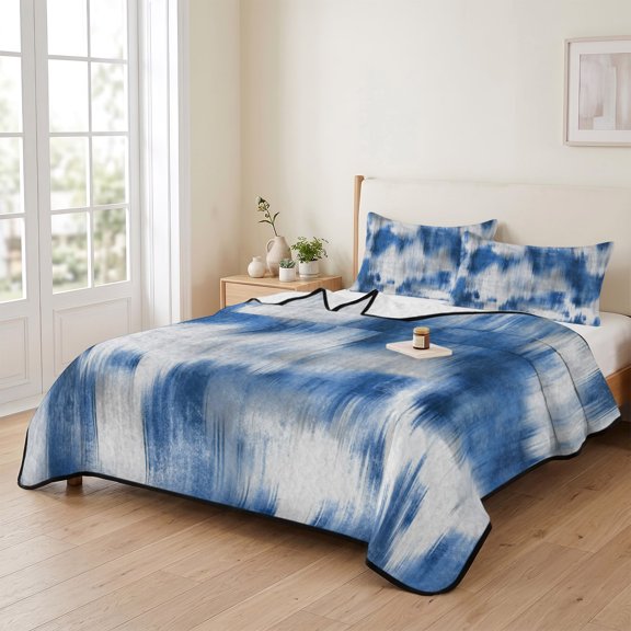Queen Quilt Bedding Set, Abstract Blue Gradient Art Lightweight Coverlet Summer Comforter Set Soft Microfiber Bedspread, Modern Ombre Painting Style 3 Piece Quilt Set with 2 Pillow Shams