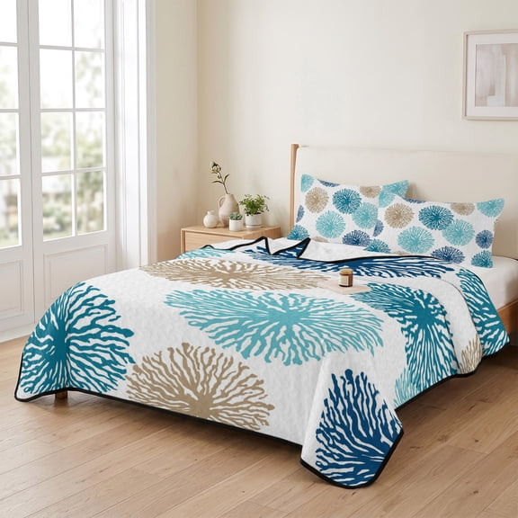 Queen Quilt Bedding Set, Abstract Dandelion Spring Floral Lightweight Coverlet Summer Comforter Set Soft Microfiber Bedspread, Blue Beige Wild Flower 3 Piece Quilt Set with 2 Pillow Shams