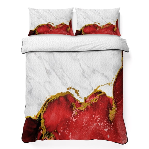Queen Quilt Bedding Set Abstract Marble Stone Texture Lightweight Summer Quilted Coverlet for Hot Sleepers, Modern Red Gold White Breathable Soft Cooling Blanket with 2 Pillow Shams for All Season