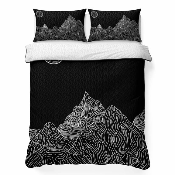 Queen Quilt Bedding Set, Abstract Mountain Moon Scenery Soft Microfiber Summer Bedspread Coverlet with 2 Pillow Shams, Black White Geometric Line Breathable Bedding Set for Hot Sleepers